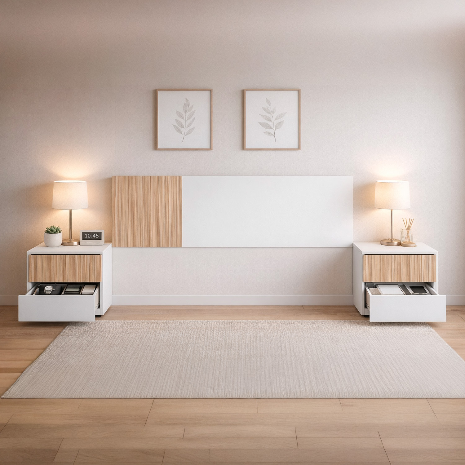 Testiera Letto Matrimoniale Da 160 Cm Con 2 Comodini A 2 Cassetti Set Camera Da Letto Moderno Con Fissaggio A Parete Design Bianco E Legno Naturale