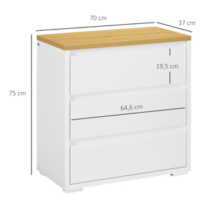 Cómoda 3 Cajones, Cómoda Dormitorio sin Tiradores, Cajonera para Salón, Oficina, Estilo Moderno, 70x37x75 cm, Blanco