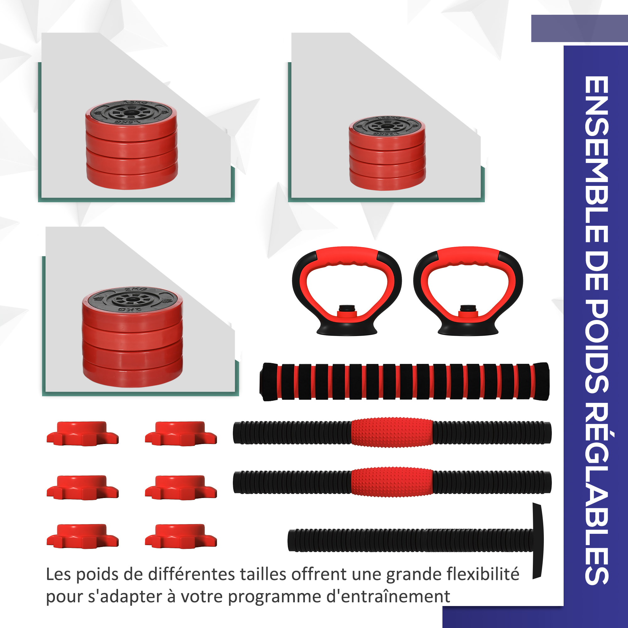 Kit haltères musculation réglables 4 en 1 - total 20 Kg - disques, barres, clips de sécurité inclus - noir rouge