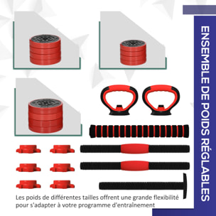 Kit haltères musculation réglables 4 en 1 - total 20 Kg - disques, barres, clips de sécurité inclus - noir rouge