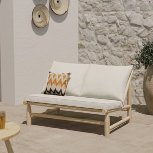 Banquette de jardin 2 places en teck et coussins blanc cassé - Makam
