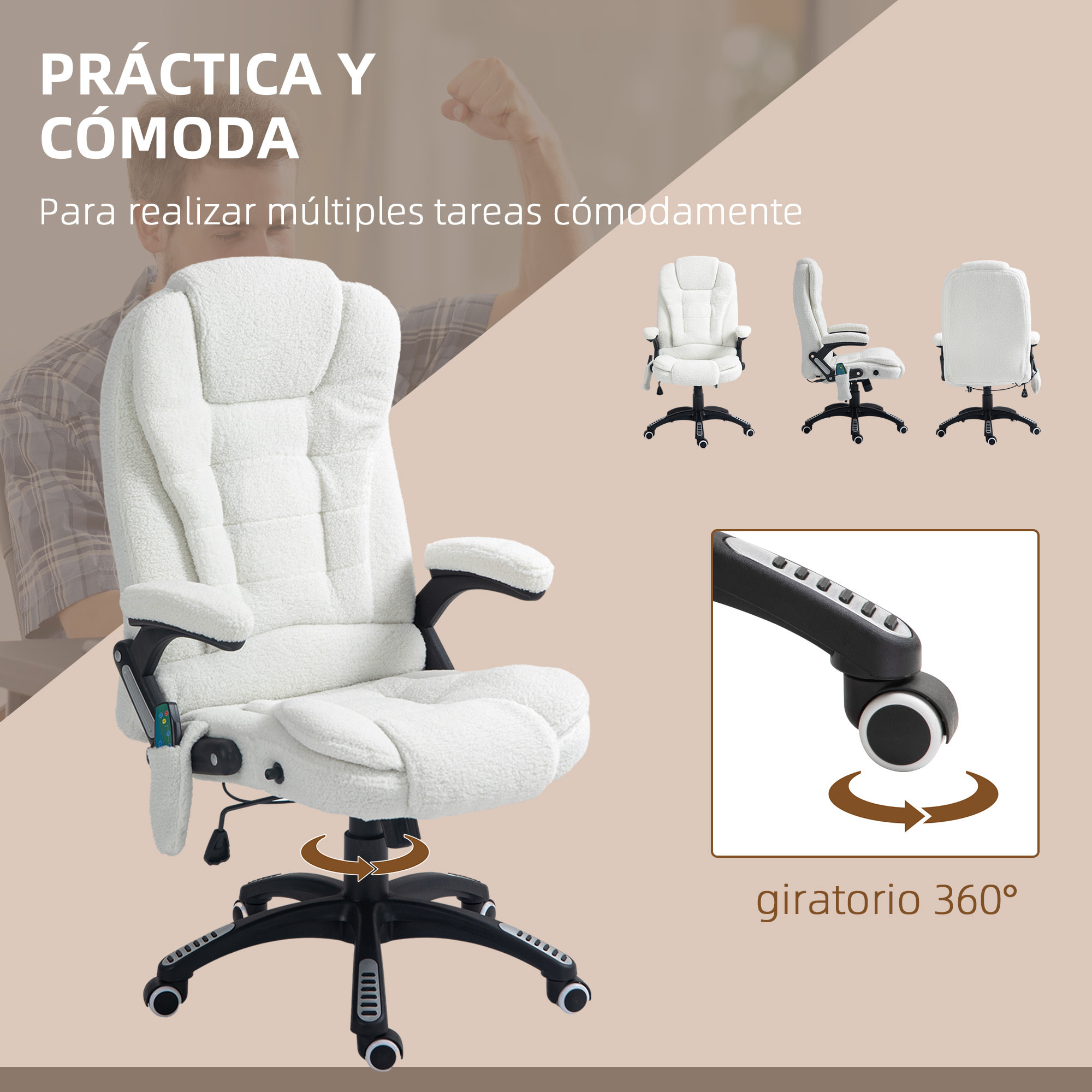 Silla de Masaje con 6 Puntos de Masaje Silla de Oficina Giratoria Silla de Escritorio con Función de Calefacción Altura Ajustable Control Remoto y Reposacabezas Tejido de Borreguillo Blanco