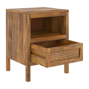 Table de chevet en cannage et bois, 1 tiroir et 1 niche - Tiki