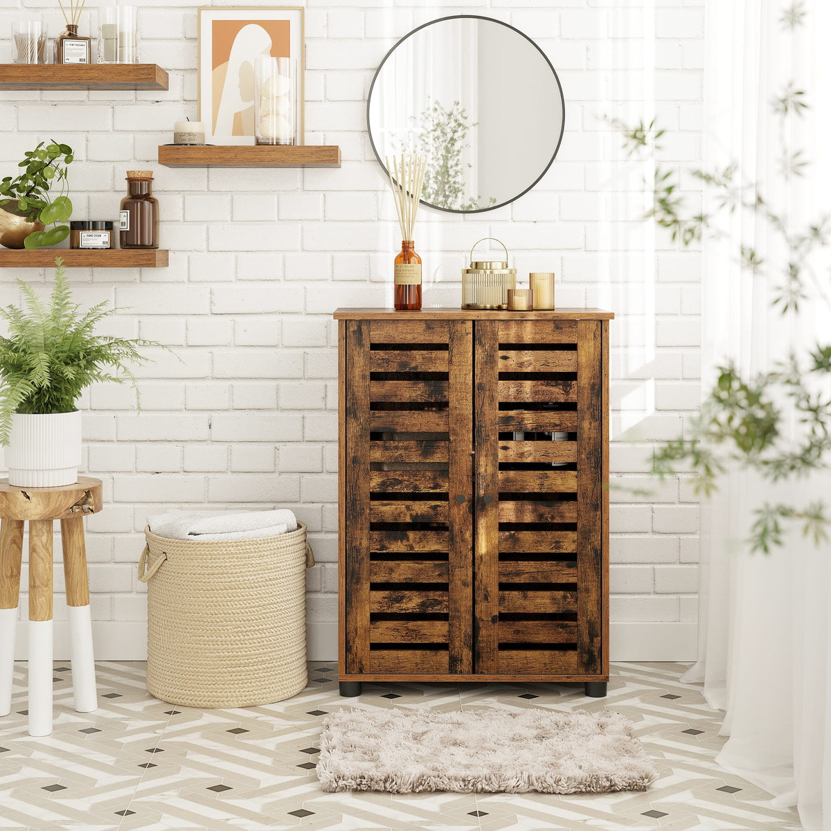 Mobiletto da bagno vintage Oskar in legno marrone rustico