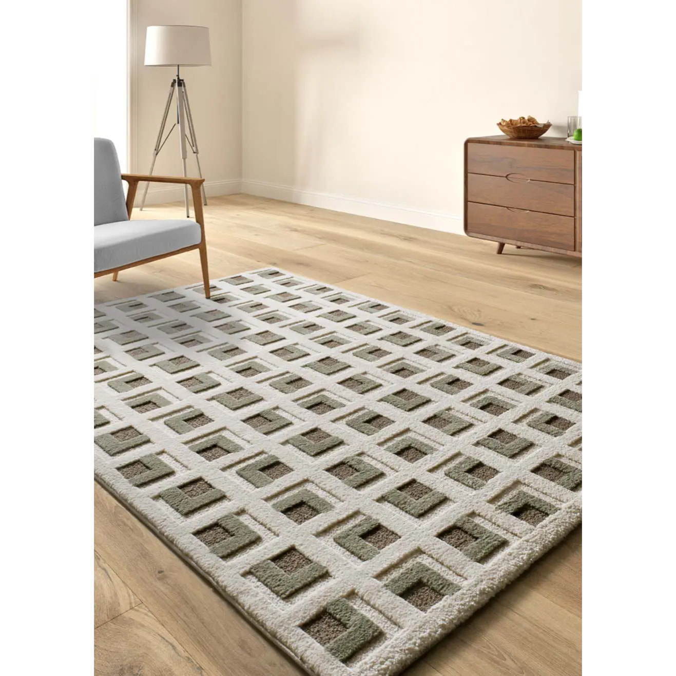 CANDELA Alfombra geométrica con relieve marrón y blanco, varias medidas disponibles.