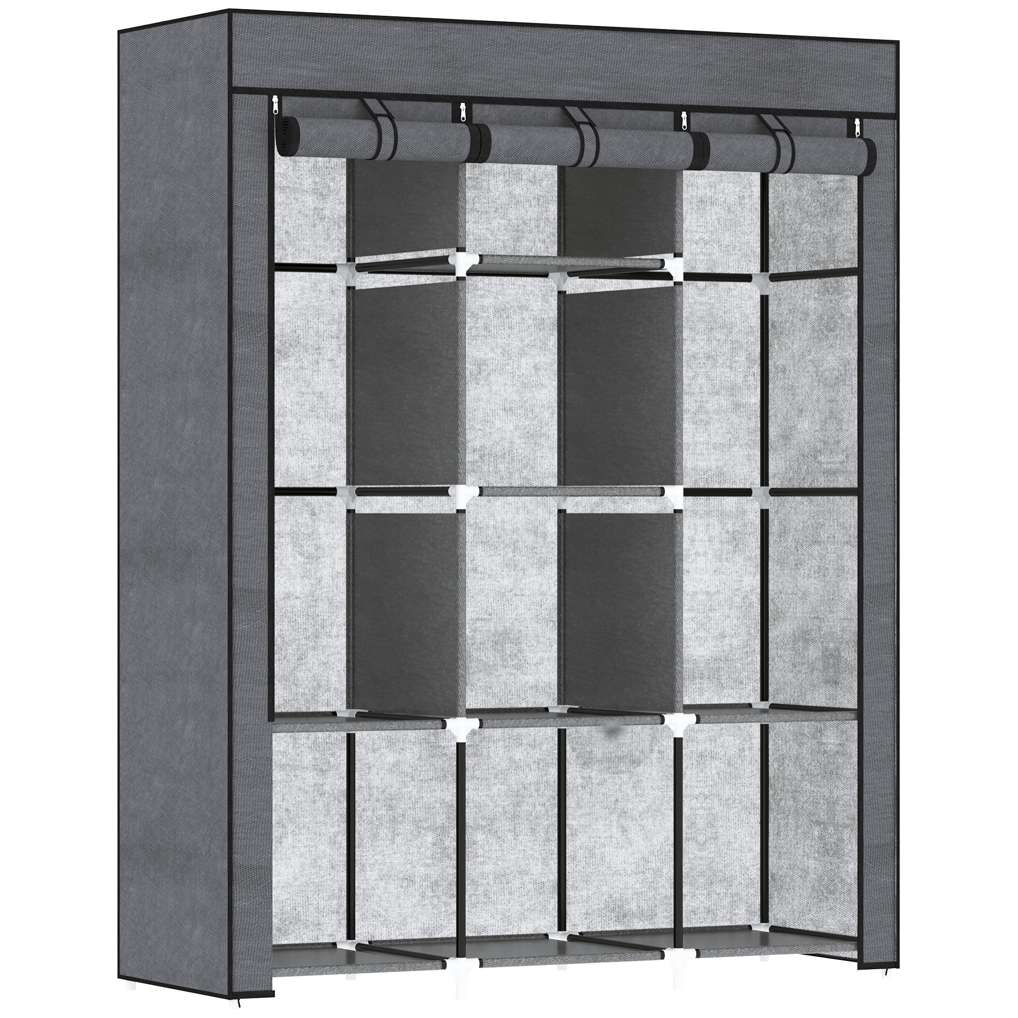 Armario de Tela Plegable, Armario Portátil con 2 Barras para Colgar, 8 Estantes, Marco de Acero, para Dormitorio, Vestidor, 125x43x162,5 cm, Gris Oscuro