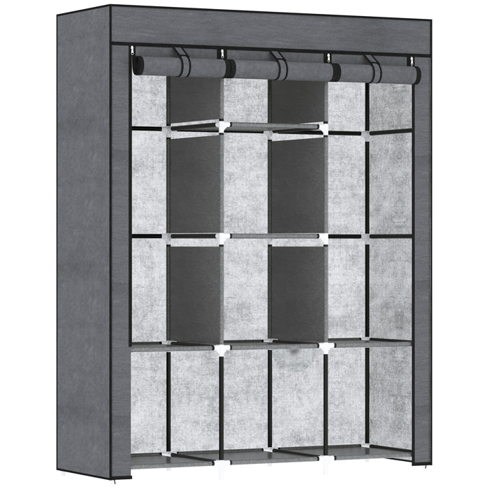 Armario de Tela Plegable, Armario Portátil con 2 Barras para Colgar, 8 Estantes, Marco de Acero, para Dormitorio, Vestidor, 125x43x162,5 cm, Gris Oscuro