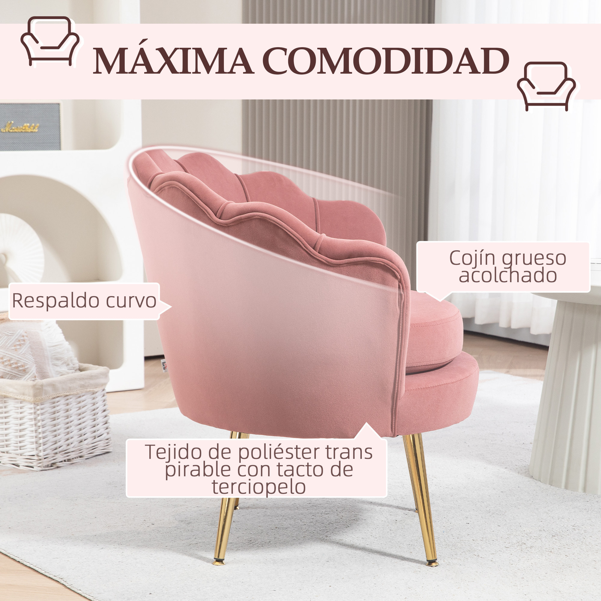 Butaca de Salón Tapizada en Terciopelo Sillón Butaca de Dormitorio con Respaldo en Forma de Concha y Patas Doradas para Comedor 76x67x74 cm Rosa