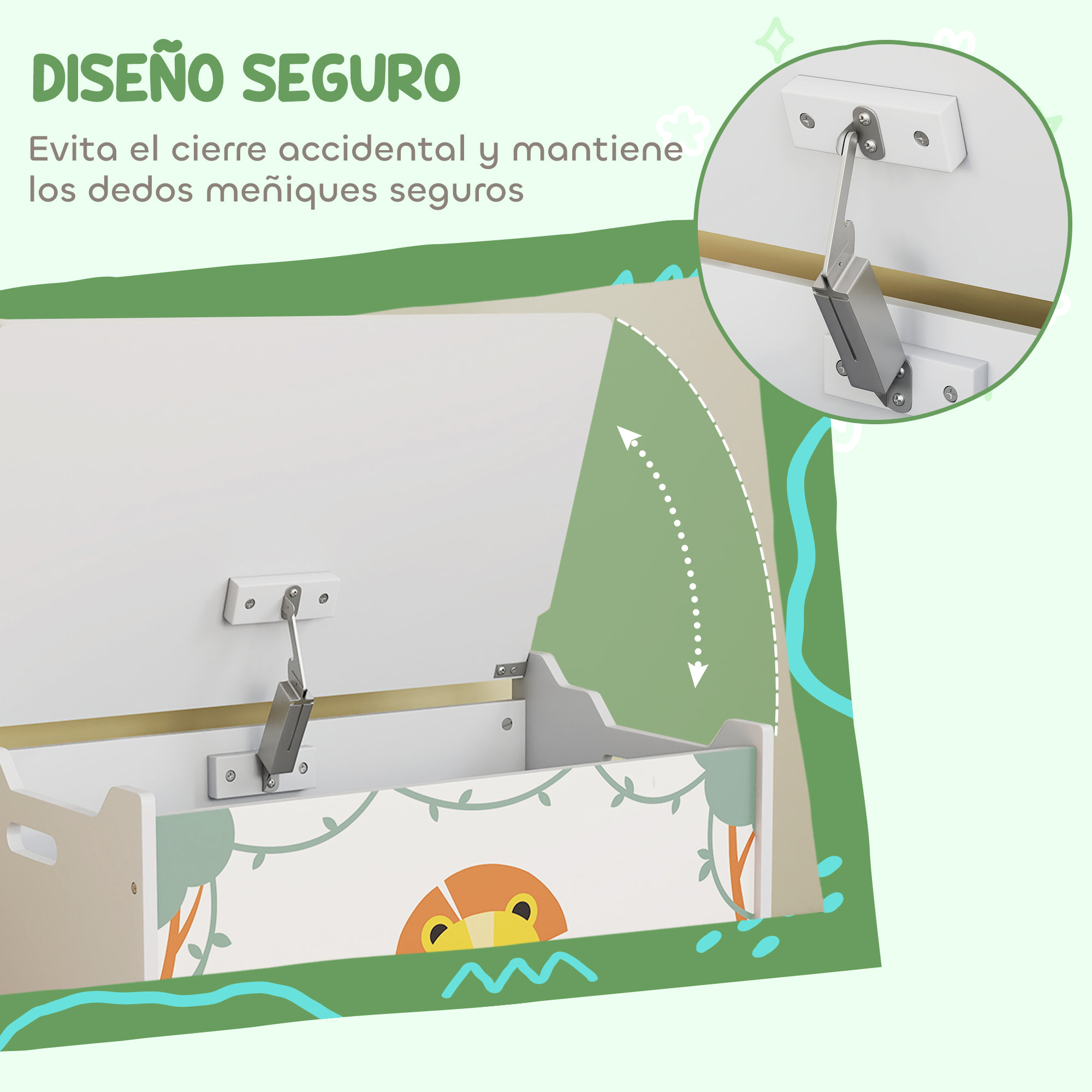 Caja de Almacenaje Juguetes, 53L, Baúl Juguetes Infantil, Organizador Juguetes con Tapa Abatible, Pistón de Gas para Niños, Niñas, Libros, Ropa en Guardería, Sala de Juegos, Dormitorio, Verde