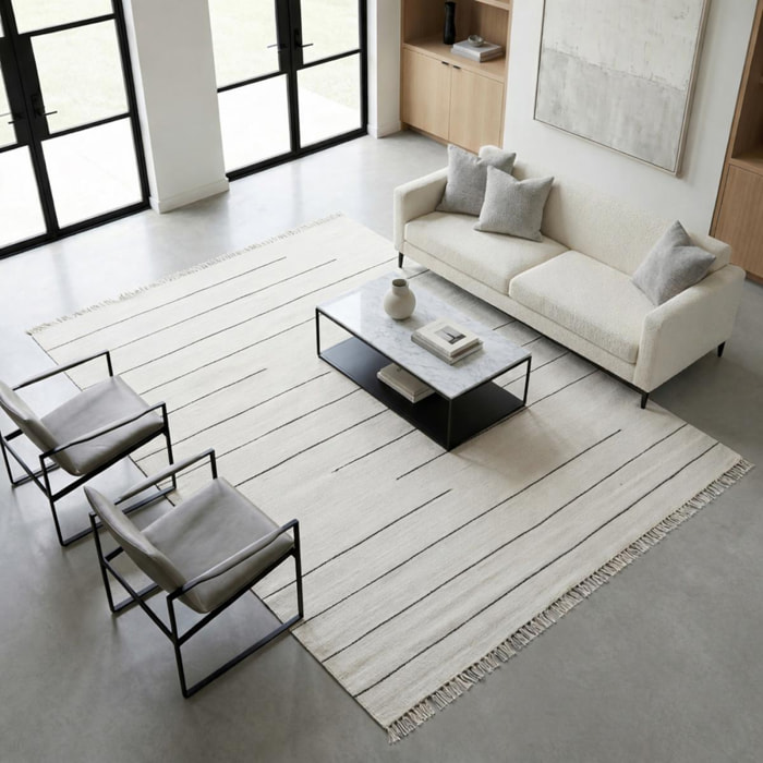 Tapis Kilim tissé à la main en laine blanc et noir motif ligne