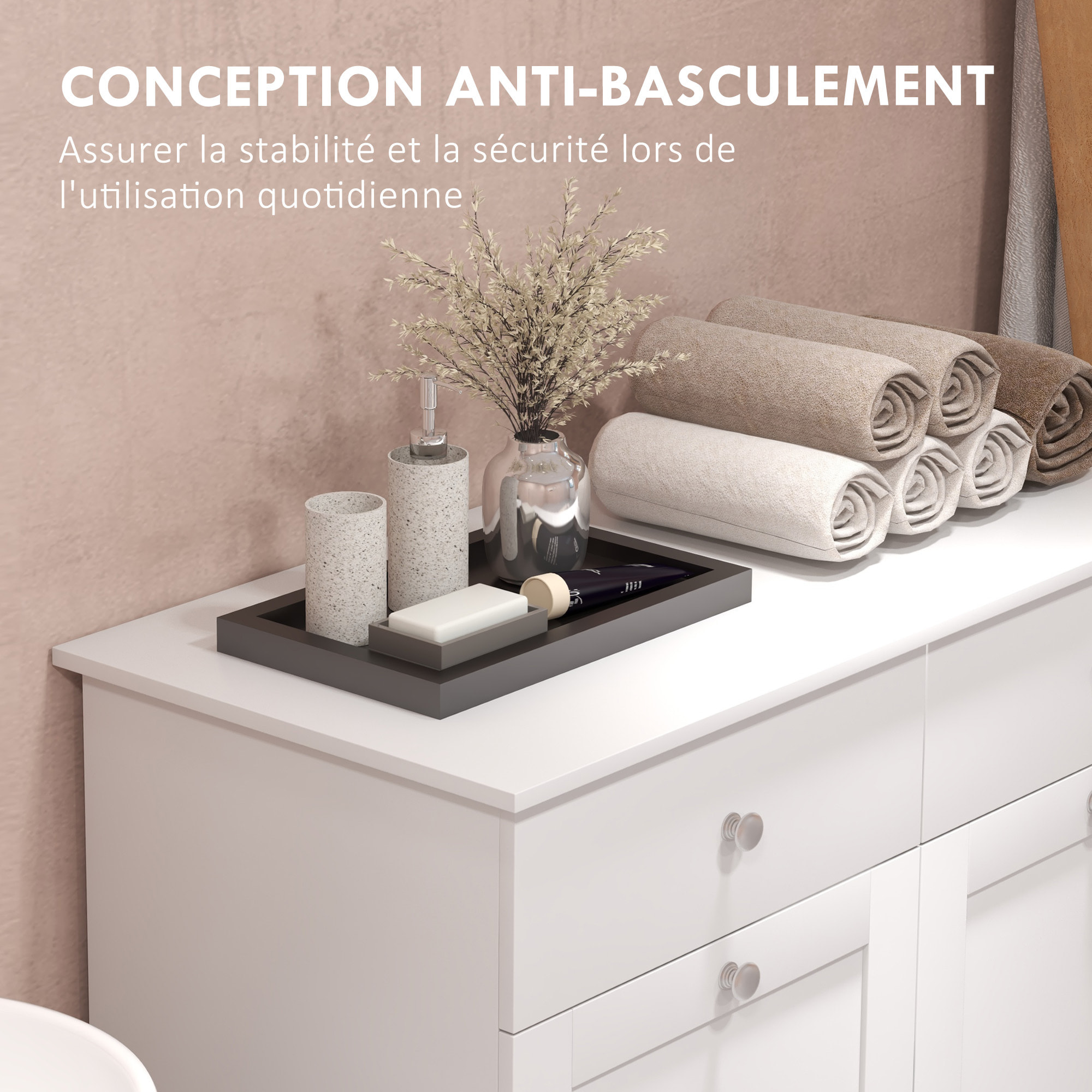 Armoire de salle de bain, meuble de rangement, avec paniers à linge pliables 2 tiroirs, en bois, 78L x 40l x 90,5H cm, blanc