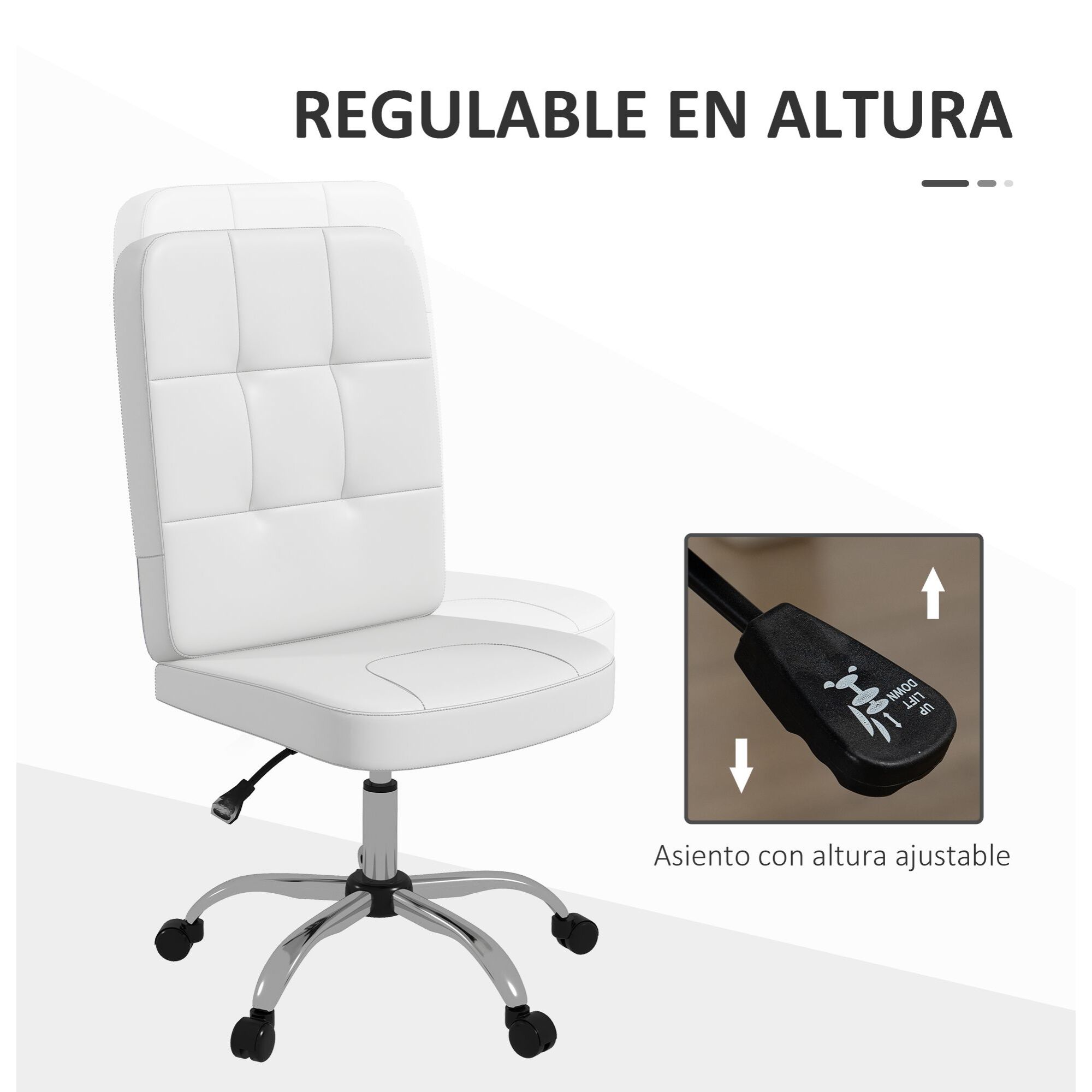 Silla de Oficina sin Brazos Silla de Escritorio Giratorio de Piel Sintética con Altura Ajustable Estilo Moderno Carga 120 kg 45x59x90-100 cm Blanco