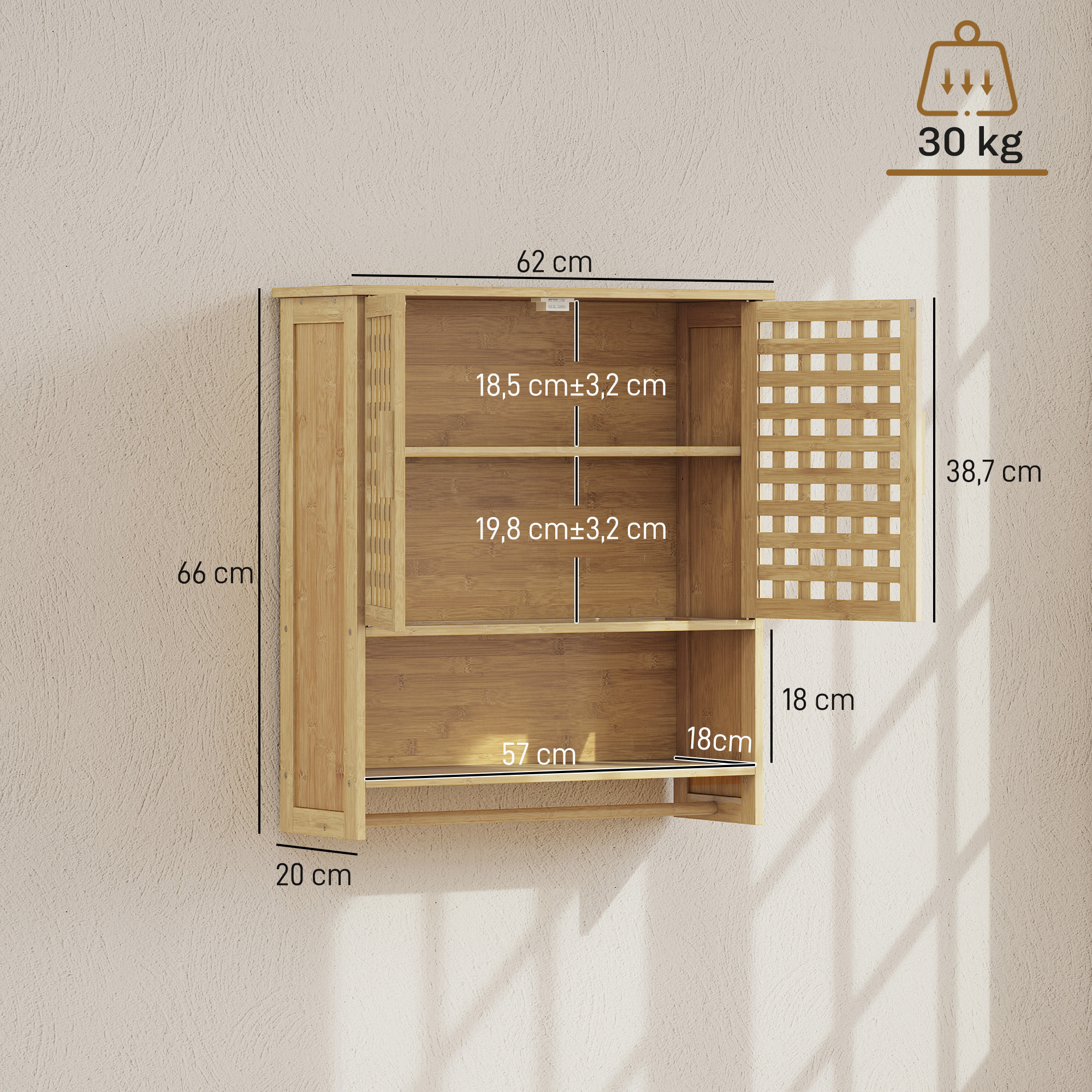 Armario de Baño de Pared de Bambú, Mueble de Baño Colgar con 2 Puertas de Celosía, Estante Abierto y Estante Ajustable, para Cocina, Lavadero, Natural