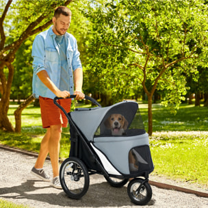 PawHut Carrito para Perros y Gatos Plegable, hasta 20 kg, Cochecito para Perros Medianos de 3 Ruedas de Goma y Frenos, con Cojín, Correa de Seguridad, Ventanas de Malla, Gris