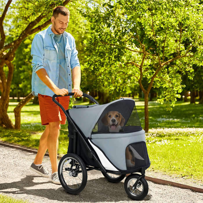 PawHut Carrito para Perros y Gatos Plegable, hasta 20 kg, Cochecito para Perros Medianos de 3 Ruedas de Goma y Frenos, con Cojín, Correa de Seguridad, Ventanas de Malla, Gris