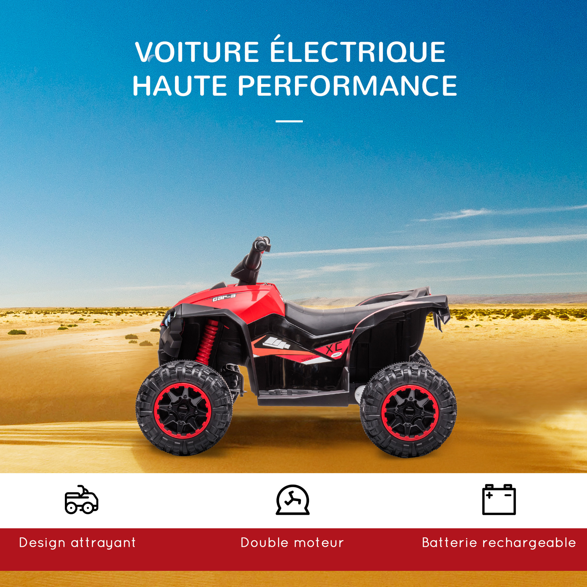 Quad buggy électrique enfant 12 V 3 Km/h max. effets lumineux et sonores rouge noir