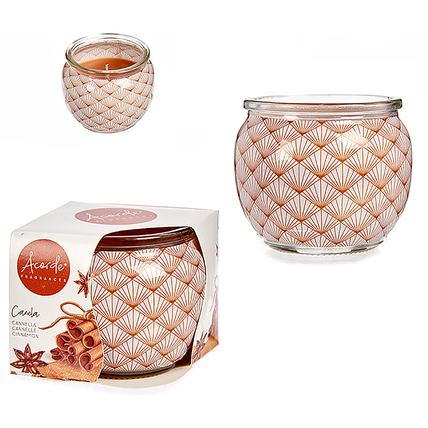 Candela profumata in barattolo di vetro aroma di cannella piccante.