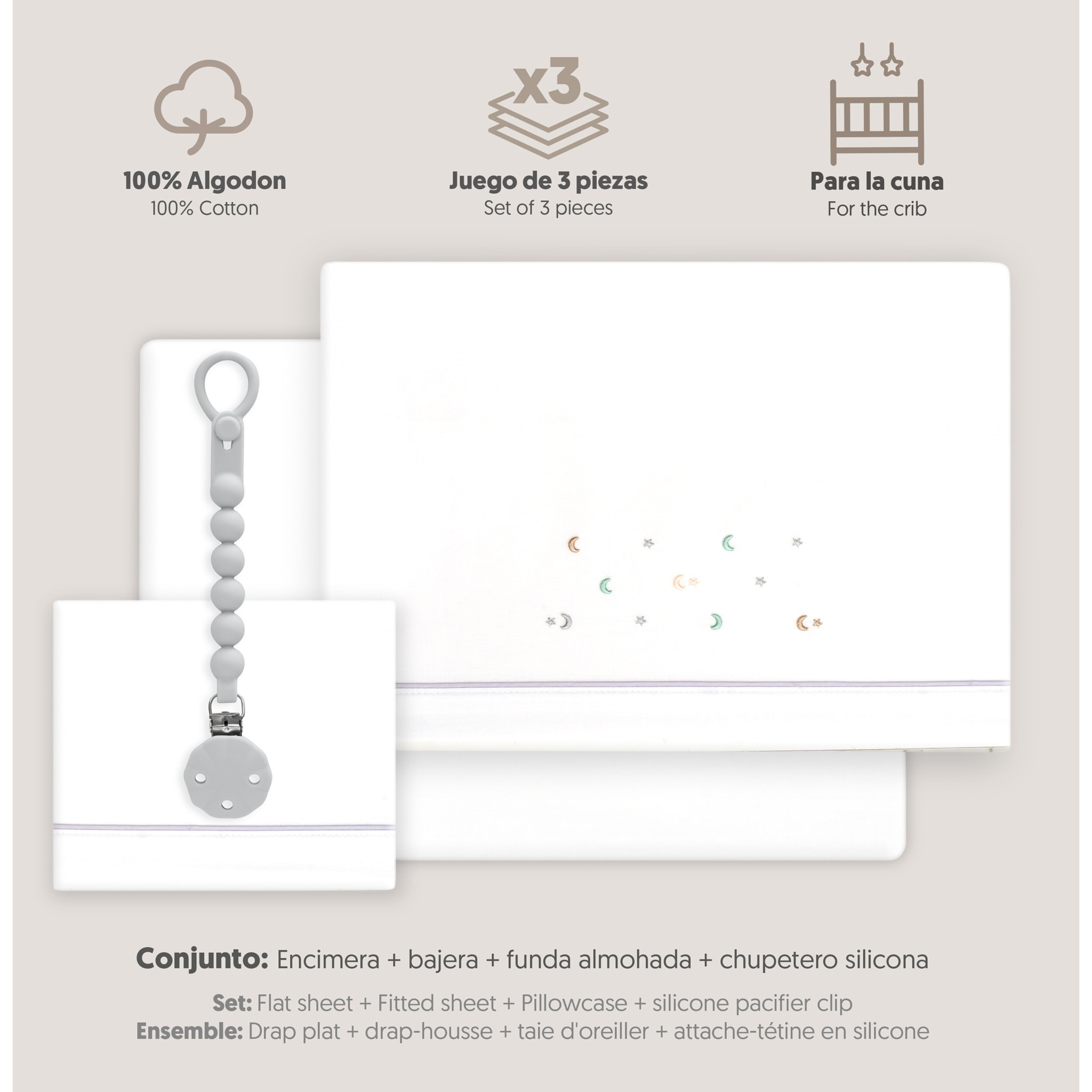 Triptico Cuna Estrella Luna Multicolor + Broche Bco/Gris