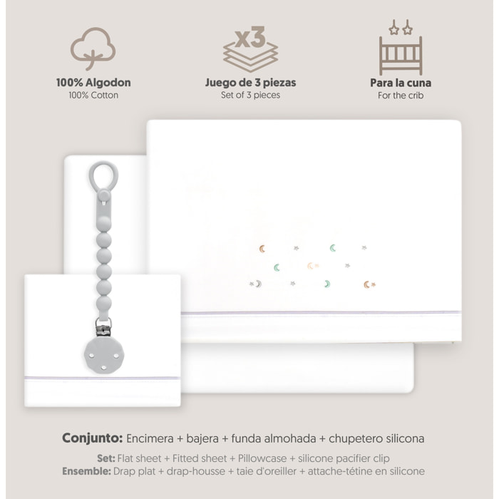 Triptico Cuna Estrella Luna Multicolor + Broche Bco/Gris