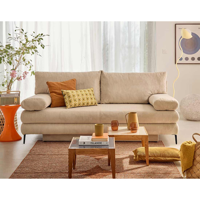 Elton - canapé 3 places convertible avec coffre en velours côtelé - Beige