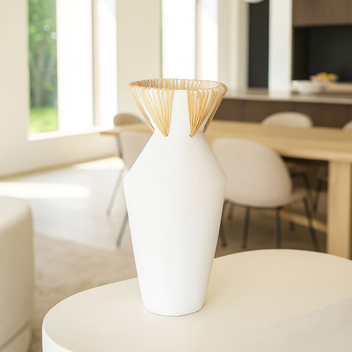 Vase en béton et rotin blanc h37cm AYA