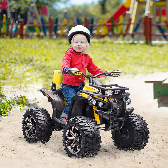 Voiture 4x4 quad buggy électrique enfant 12 V 5 Km/h max. effets lumineux sonores selle avec dossier porte-bagage avant métal PP jaune noir