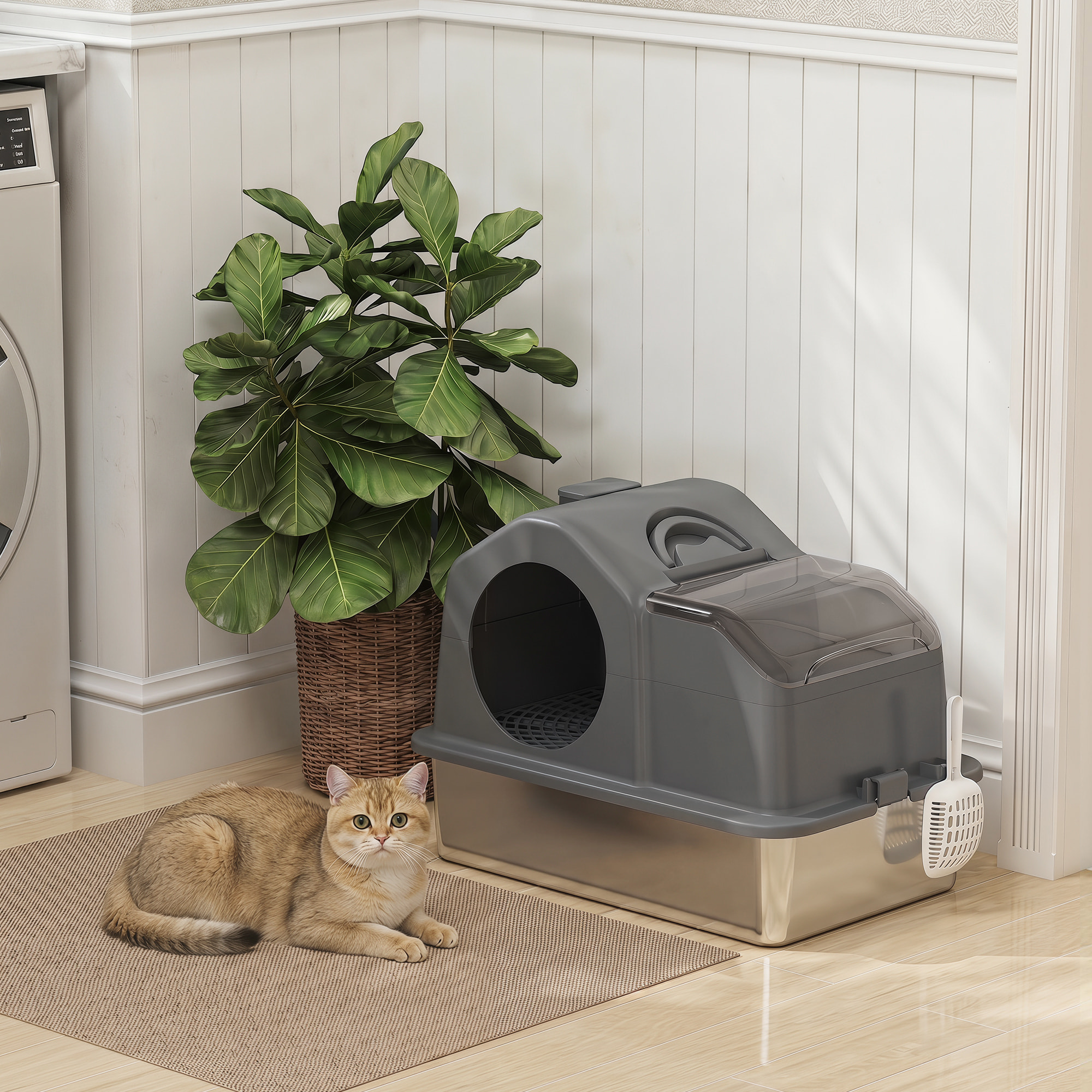 Maison de toilette bac à litière chat - 60 x 40 x 28 cm - pelle, poignée - acier inox plastique gris