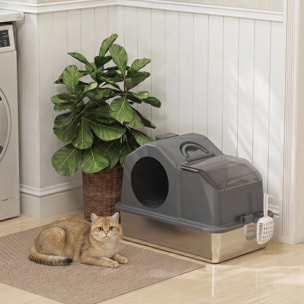 Maison de toilette bac à litière chat - 60 x 40 x 28 cm - pelle, poignée - acier inox plastique gris