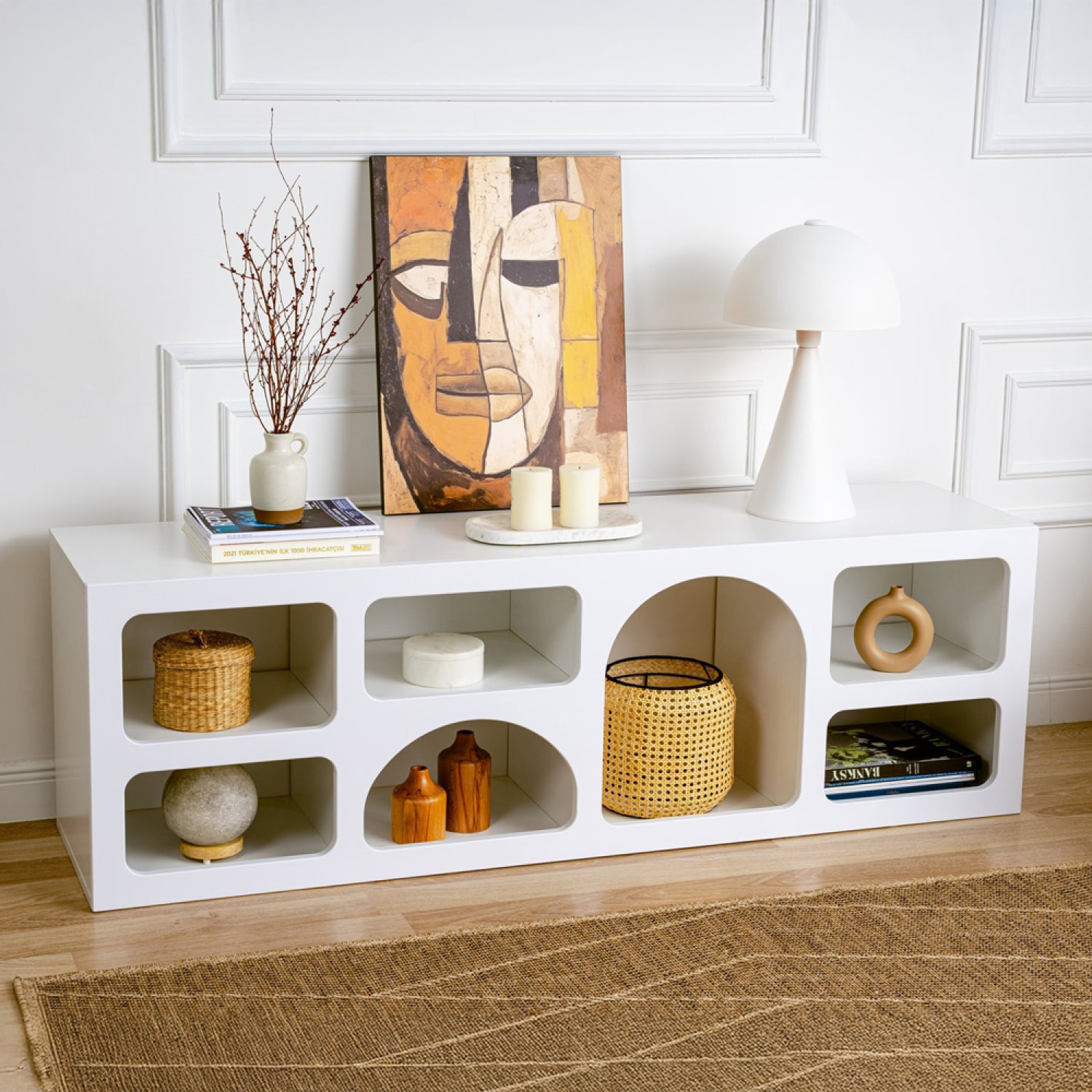 FERRY Buffet bas 7 niches design organique blanc 160x50cm