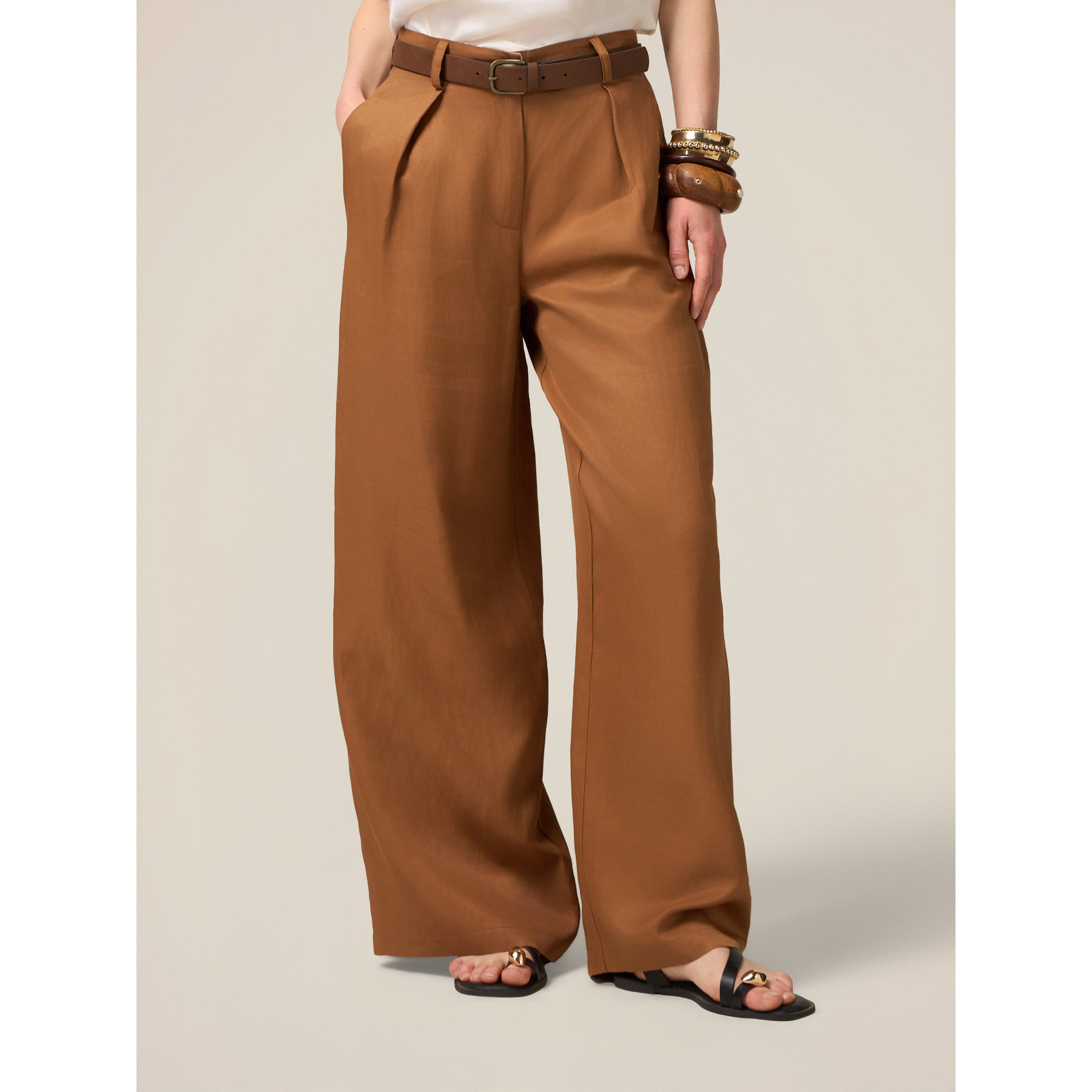 Oltre - Pantalones palazzo mezcla de lino - Marrón