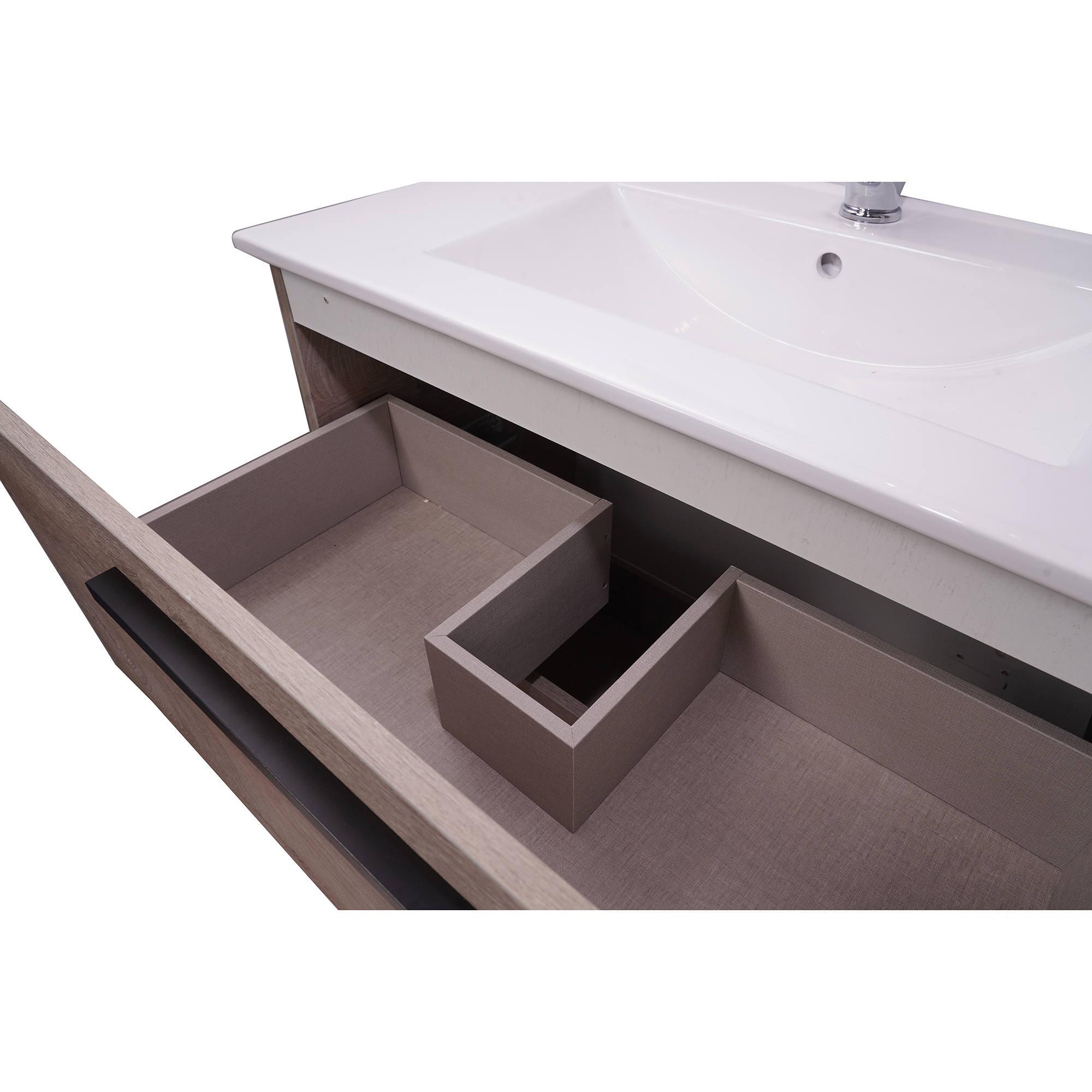 Mobile da bagno con lavabo in ceramica, Armadietto bagno da terra moderno con specchiera e 2 cassetti, cm 81x46xh82, colore Rovere Alaska