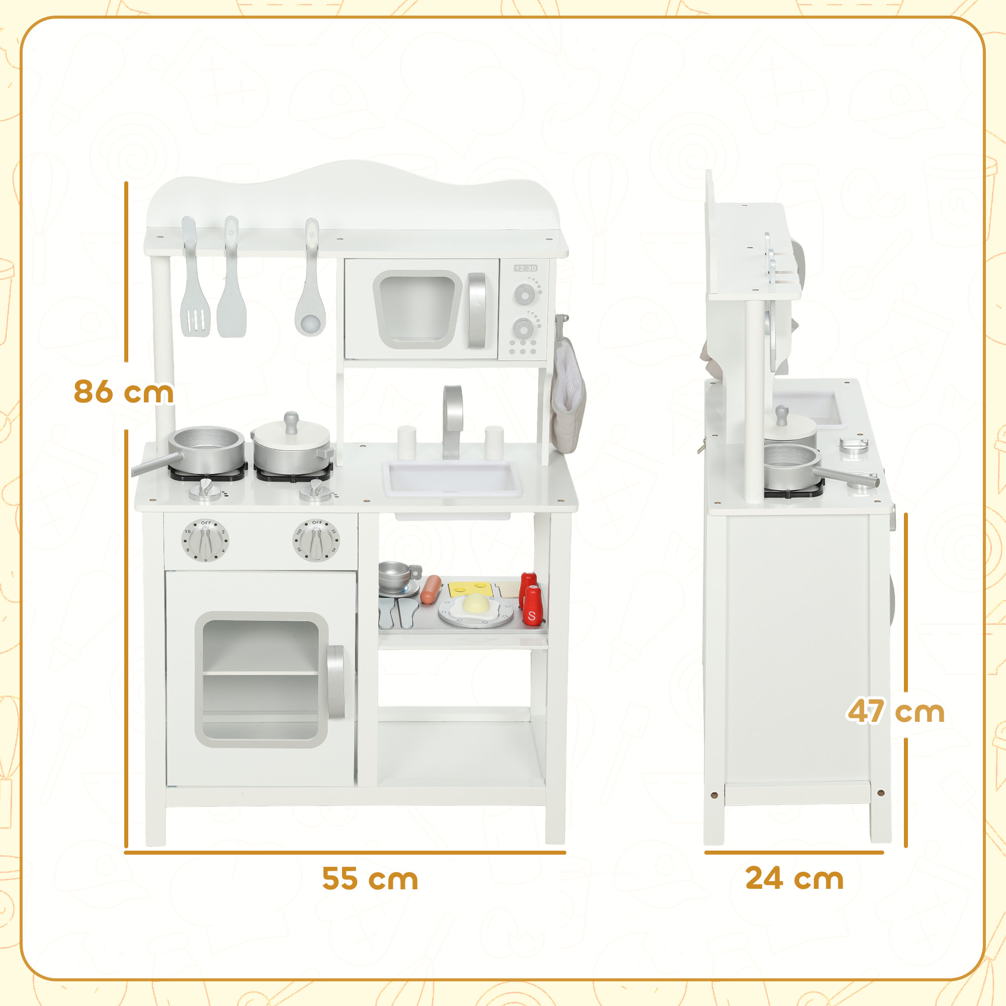 Cocina de Juguete de Madera con Sonido, Cocinita Infantil con Accesorios, Fregadero, Microondas y Fogón, Juguetes para Niños a Partir de 3 Años, 55x24x86 cm, Blanco