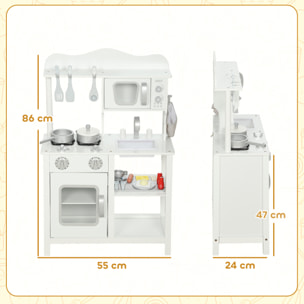 Cocina de Juguete de Madera con Sonido, Cocinita Infantil con Accesorios, Fregadero, Microondas y Fogón, Juguetes para Niños a Partir de 3 Años, 55x24x86 cm, Blanco