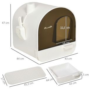 Maison de toilette bac à litière pour chat avec porte battante, pelle et filtre inclus dim. 43L x 44l x 47H cm PP blanc marron fumé