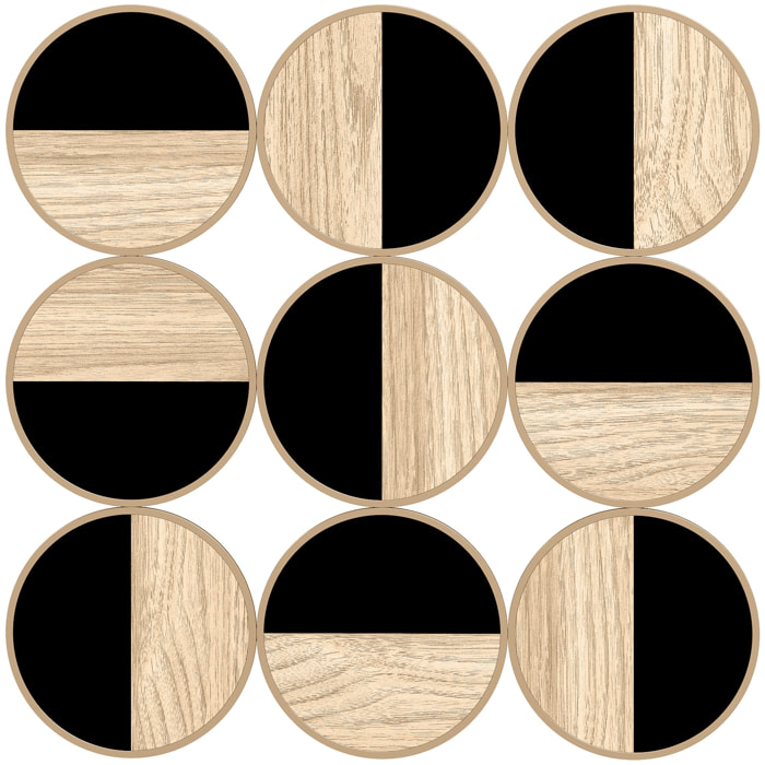 Cuadro Decorativo de Pared Geométrico, Adorno Moderno 3D de 60x60 cm, Escultura de Pared con Espejo de Plástico, Marco Metálico, para Salón, Dormitorio, Pasillo, Negro y Madera Natural