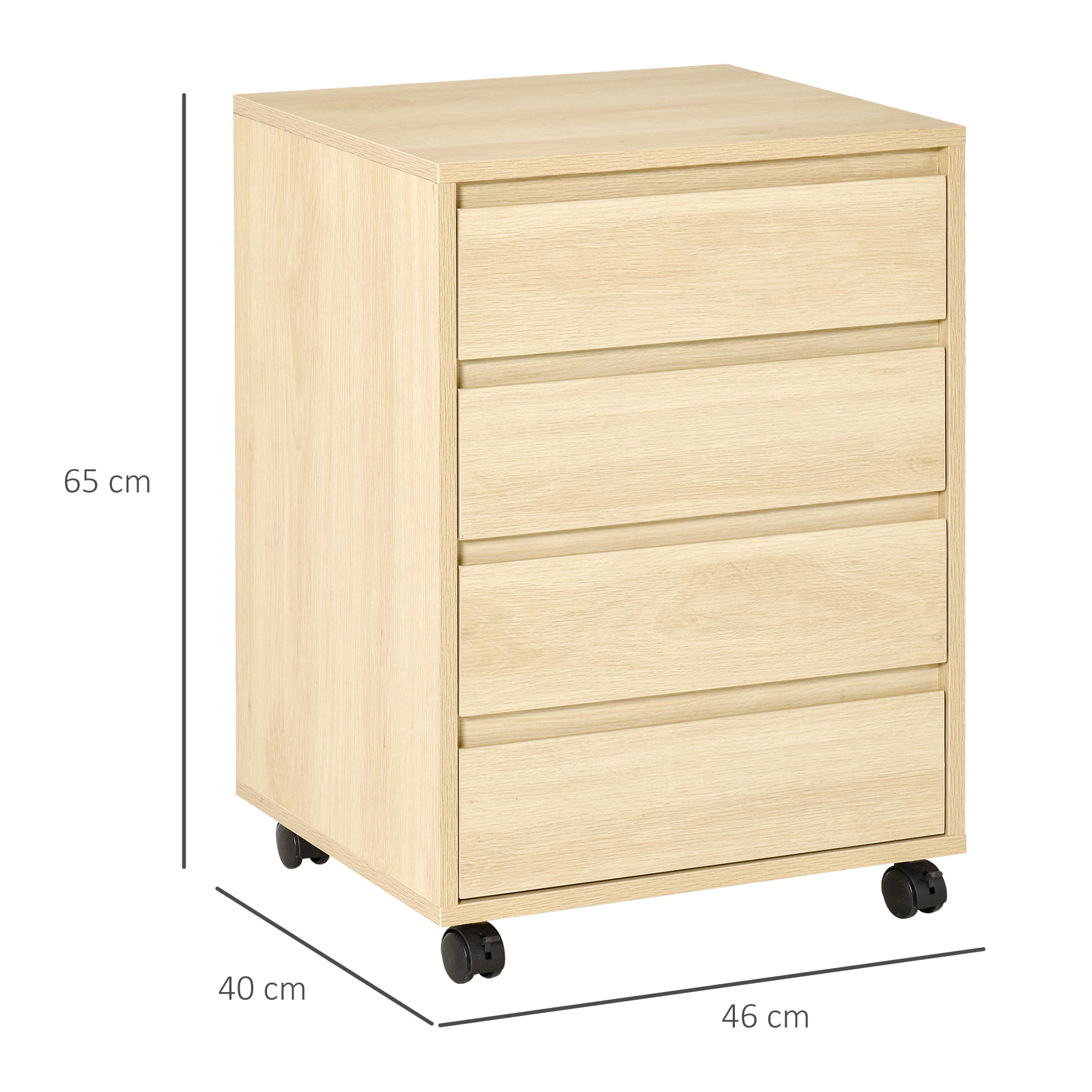 Cajonera de Oficina con 4 Cajones Cajonera de Escritorio con Ruedas Archivador Móvil para Estudio 46x40x65 cm Natural