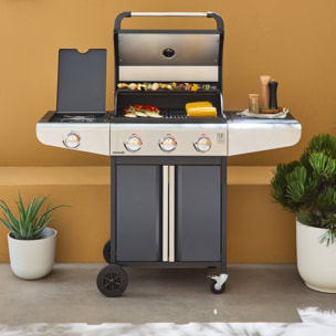 Barbecue au gaz - Bazin 3 Gris anthracite -  Cuisine extérieure 3 brûleurs + 1 feu latéral avec tablettes et thermomètre. rangement. roues