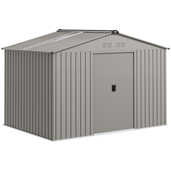 Caseta de Jardín Exterior 4,9 m² 277x195x192 cm Cobertizo de Jardín Exterior con Puerta Corredera Techo de Fibra de Vidrio Base Refuerzo (Suelo NO Incluido) y 4 Ventanas Gris Plata