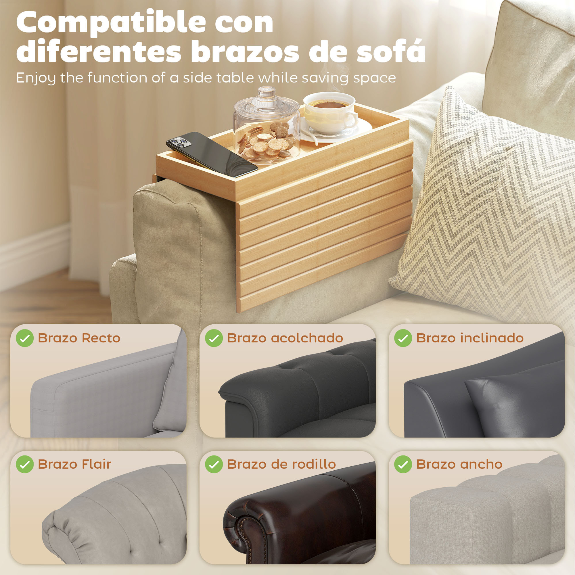 Bandeja de Brazo para Sofá de Bambú, Bandeja para Reposabrazos de Sofá Plegable y Flexible, con Base Antideslizante, Mesa Lateral para Aperitivos, Teléfonos, Mandos y Bebidas, Natural