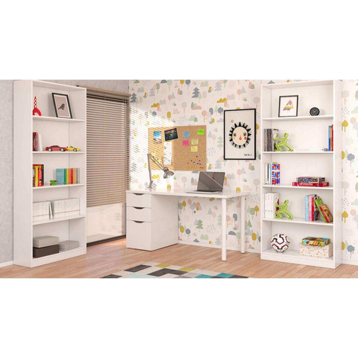 Scrivania Filadelfia, Scrittoio multifunzione da ufficio reversibile, Tavolo da studio con cassettiera a 2 cassetti e 1 anta, cm 138x60h74, Bianco