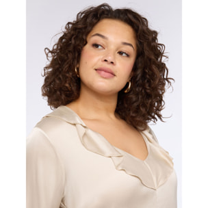 Fiorella Rubino - Blusa in raso con volant sullo scollo - Beige