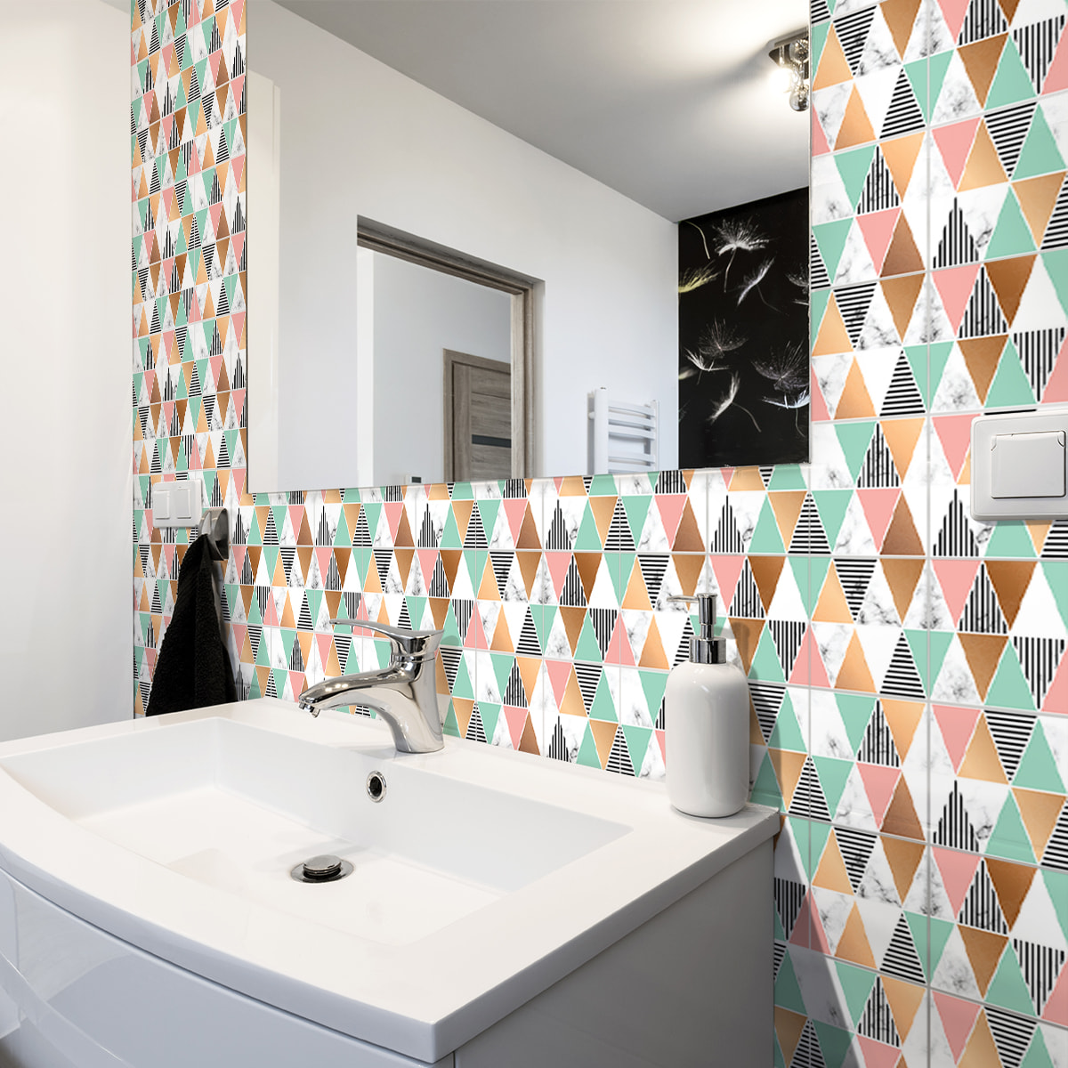 Stickers muraux - Sticker Mural Carrelage adhésif Cuisine Salle de Bain - 24 STICKERS CARREAUX DE CIMENT CARRELAGES EFFET MABRÉ CHIC AZUR