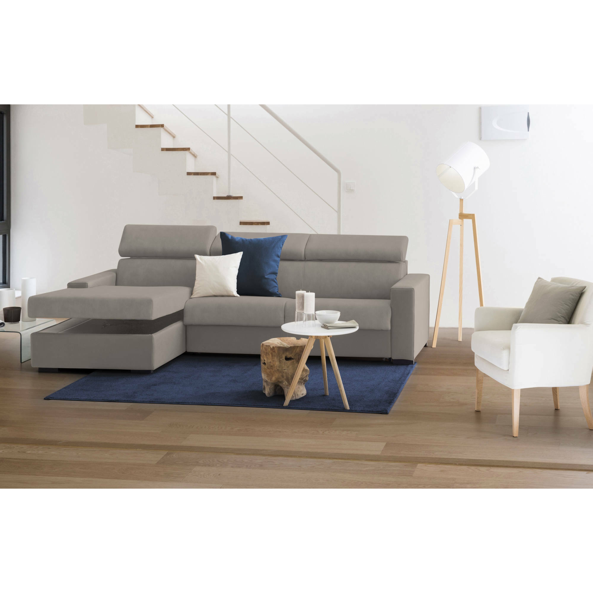 Divano fisso Viviana, Divano ad angolo, 100% Made in Italy, Sofà Soggiorno con chaise longue, in tessuto imbottito - Penisola contenitore Sinistra, con Braccioli standard, Cm 280x95h85, Tortora