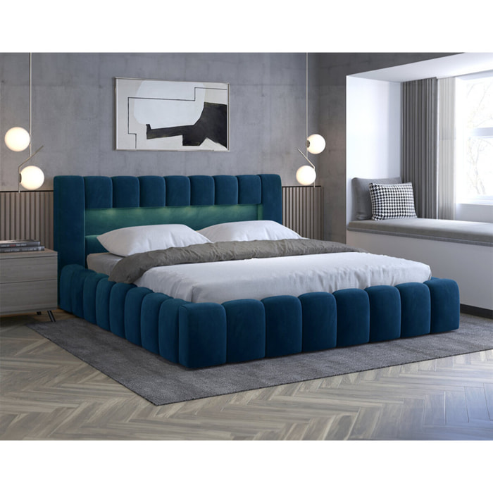 Cleo - lit coffre avec led - 140x200 cm - sommier inclus - en velours - Bleu canard