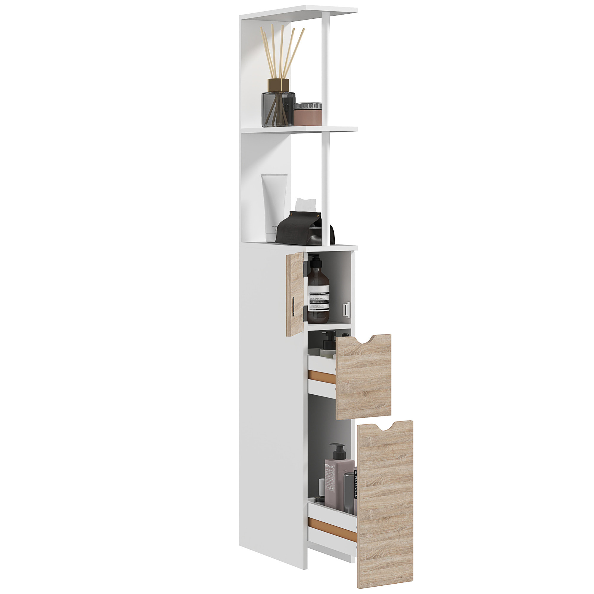 Columna Auxiliar de Baño Estrecha Armario Alto de Baño Moderno Mueble Auxiliar con 2 Estantes 2 Cajones y 1 Puerta Antivuelco 15x33x136,8 cm Natural