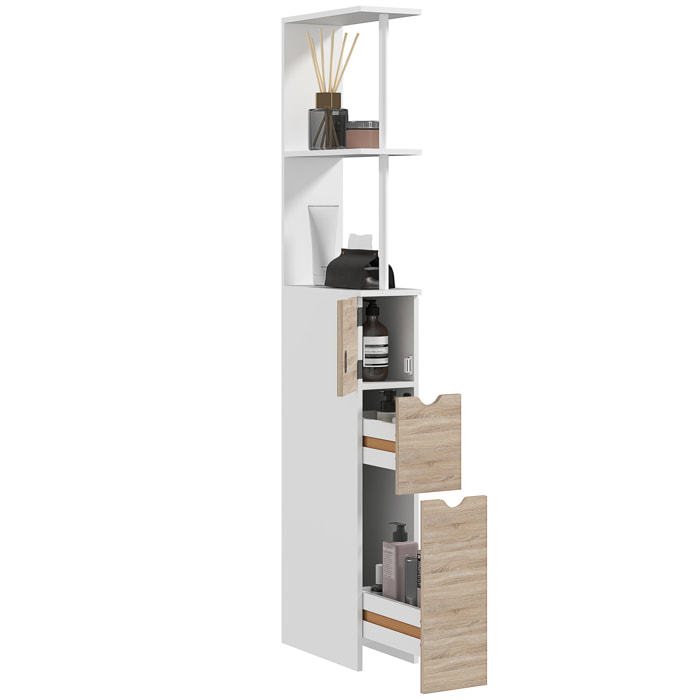 Columna Auxiliar de Baño Estrecha Armario Alto de Baño Moderno Mueble Auxiliar con 2 Estantes 2 Cajones y 1 Puerta Antivuelco 15x33x136,8 cm Natural