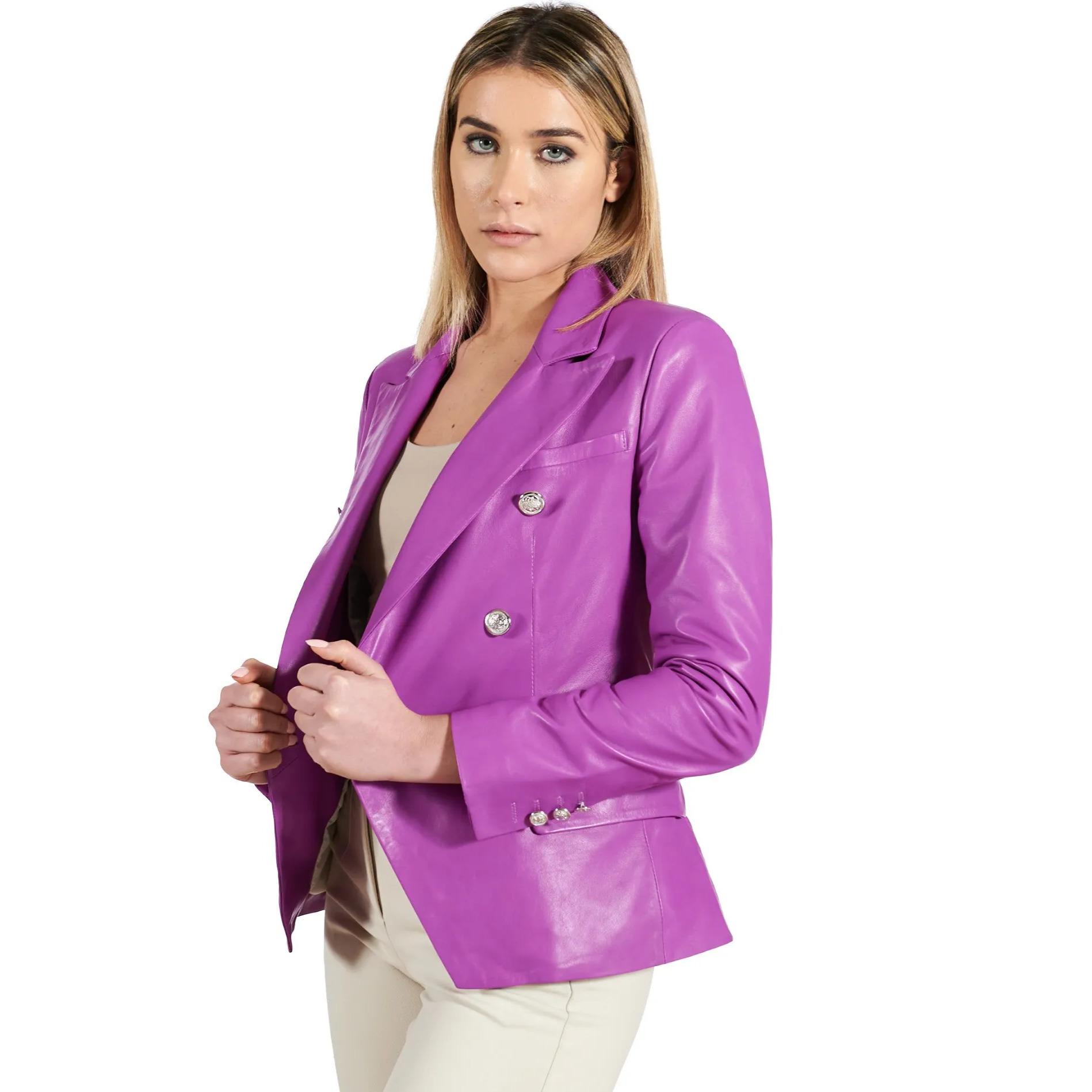 Giacca blazer doppio petto in pelle naturale glicine