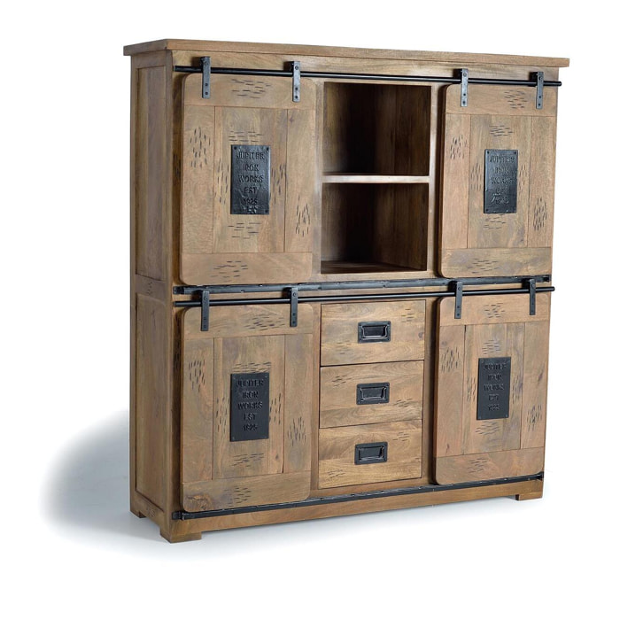 Alacena 4 puertas correderas y 3 cajones - madera de mango y metal - 160x150x45cm