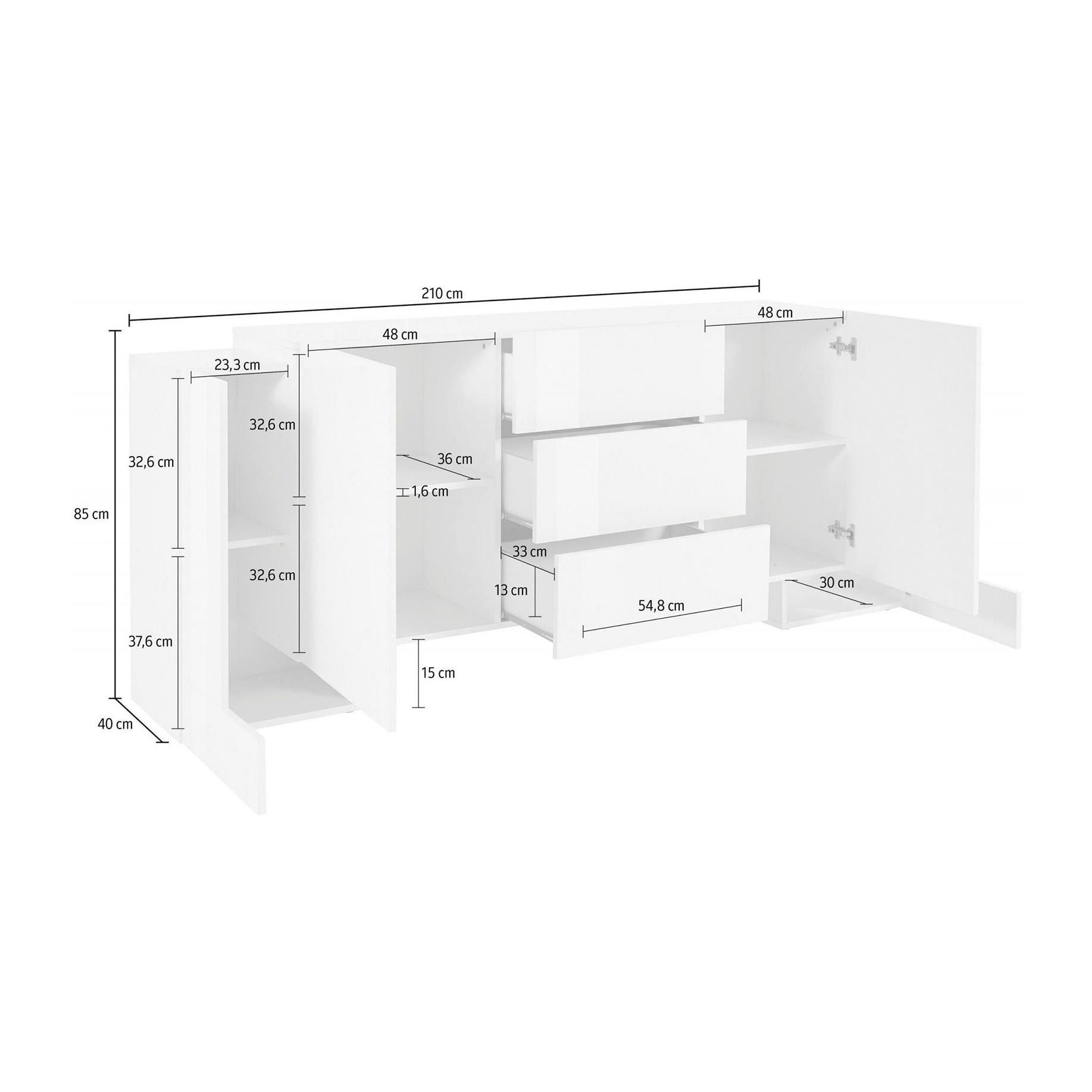 Credenza moderna a 2 ante e 3 cassetti, Made in Italy, Madia da cucina, Buffet di design da soggiorno, cm 210x45h85, colore Bianco lucido