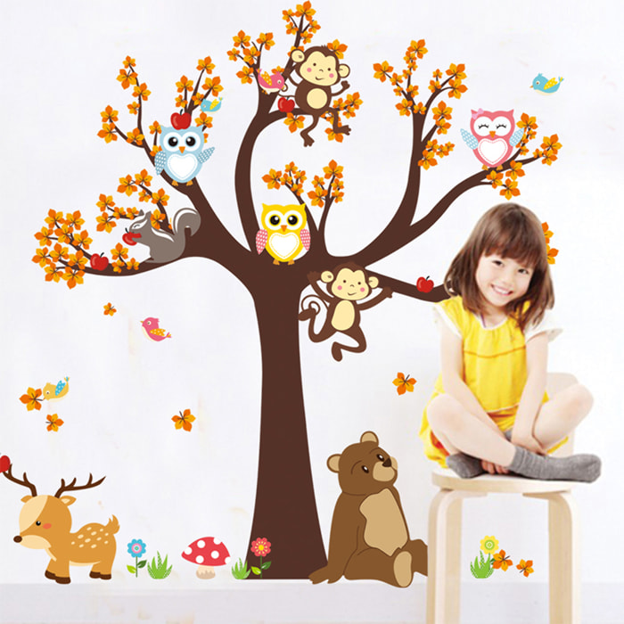 Stickers Muraux décoration adhésifs arbre géant avec hibou, singe et ours